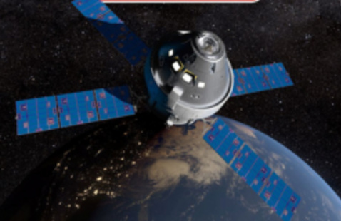 The Artemis space capsule floating in orbit. The earth's curve is in the background.