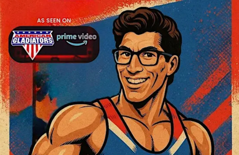 Animated drawing of comedian Bobby Levine dressed as an American Gladiators contender. 