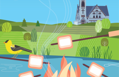 A colorful illustration of the UMass campus depicting marshmallows roasting over a fire next to the campus pond
