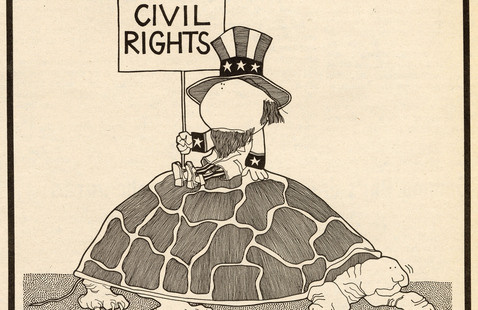  Editorial cartoon, titled, "Civil Rights," by Kelsie Harder. December 17, 1968. The cartoon features a faceless, doll-like figure wearing patriotic clothing  sitting on top of a turtle holding a sign that reads, "CIVIL RIGHTS."
