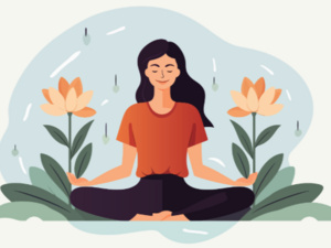 Illustration of woman meditating in flowers with blue background