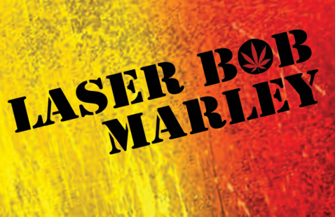 Green, yellow and red background with words laser bob marley