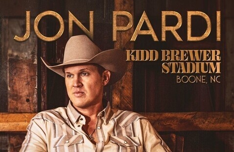 Jon Pardi wears a cowboy hat and looks off into the distance. The text above him reads "Jon Pardi. Kidd Brewer Stadium. Boone, NC."