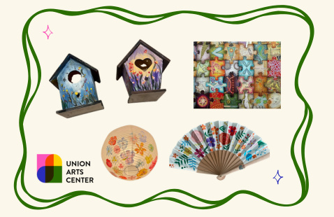 Paint activites, including a painted paper fan, paper lantern, painted birdhouses, and painted jigsaw tiles.