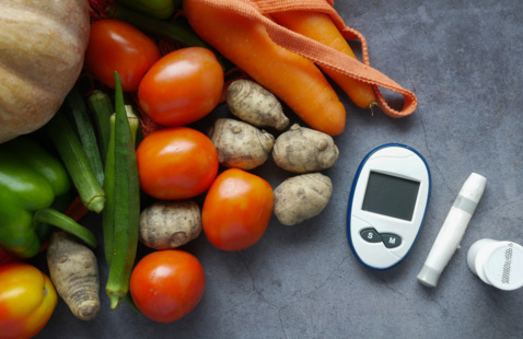 Vegetables next to a glucose meter.
