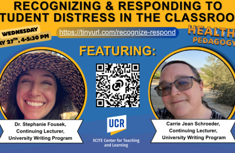 Flyer for an event on recognizing student distress in the classroom with speakers Dr. Stephanie Fousek and Carrie Jean Schroeder.