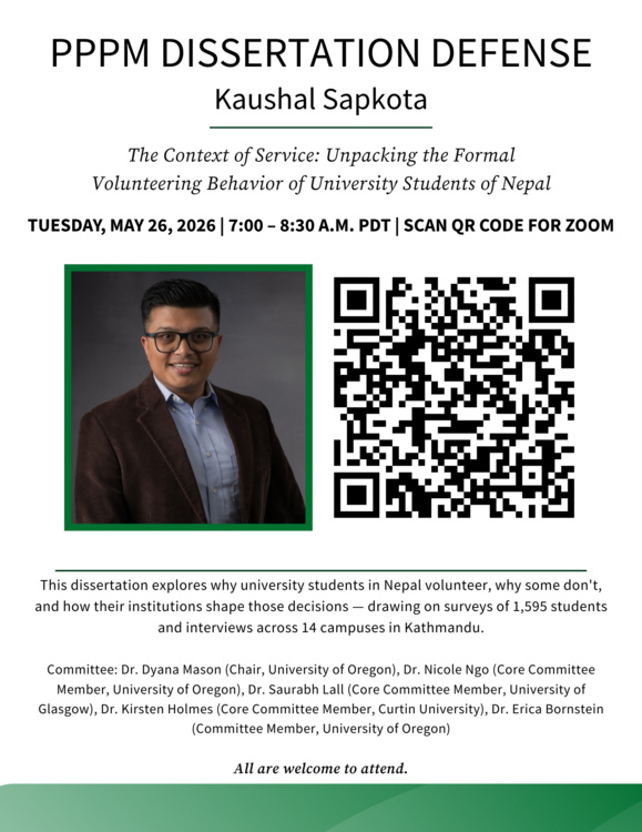 Kaushal Sapkota Dissertation Defense (virtual): Unpacking the Formal  Volunteering Behavior of University Students of Nepal - University of Oregon