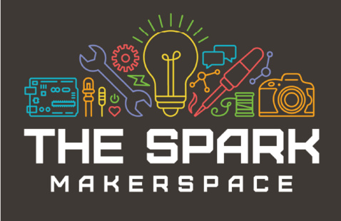 The Spark Makerspace text, above which is a number of tools, and machine parts.