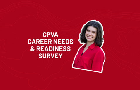 CPVA Career Needs & Readiness Survey. Text is accompanied by a photo of Laurel Buxton, the CPVA Career Coach on a red background with topographical lines on it.