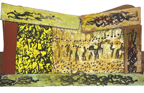 Image: Purvis Young, Group of Figures. Paint on board and wood, ca. 1990. Donation of Mr. Richard Levine.