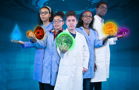 A group of teenagers in labcoats holding graphical planets