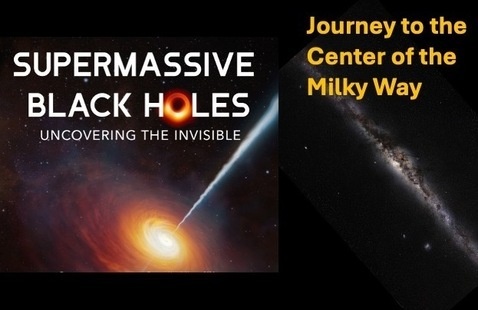 graphic of galaxy with jet on the left and an image of the Milky Way on the right with show titles Supermassive Black Holes Uncovering the Invisible and Journey to the Center of the Milky Way