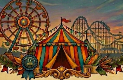 Image has a carnival theme and includes a Ferris wheel, roller coaster, and a striped circus tent.