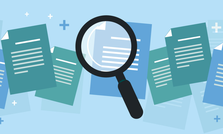 An illustration of a magnifying glass over colorful documents.