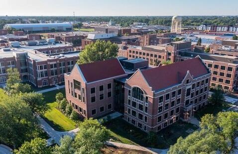 Aerial view of School of Law on UND campus