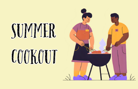 Illustration of two people cooking on grill with text: summer cookout