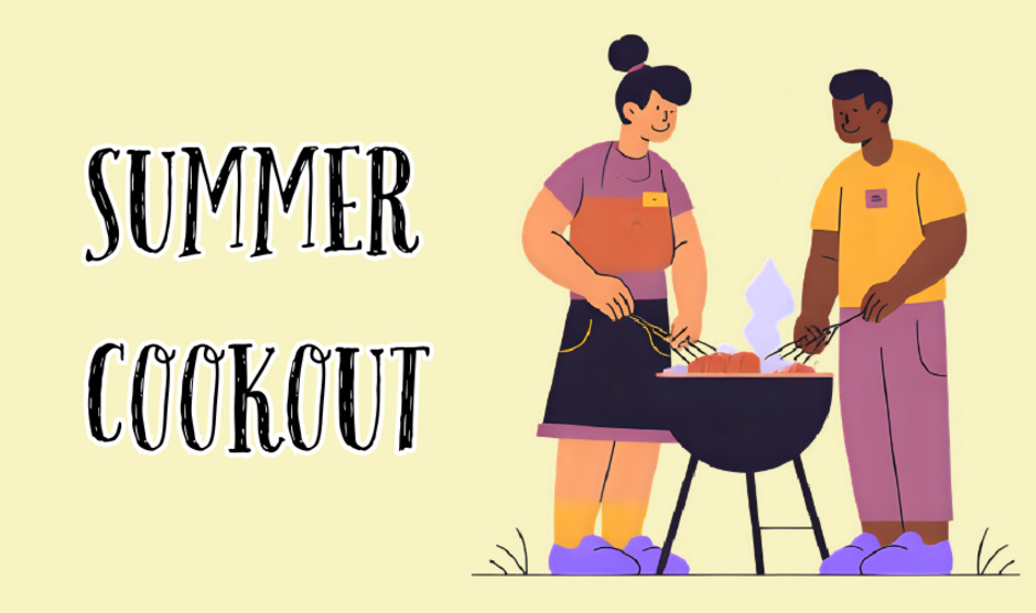 Illustration of two people cooking on grill with text: summer cookout