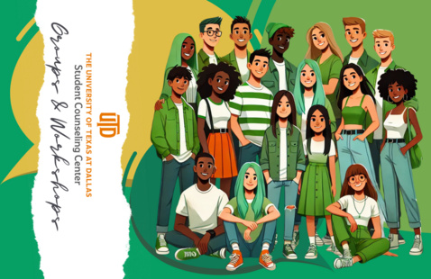 a big group of diverse students all together, speech bubbles appear behind them in bright shades of green