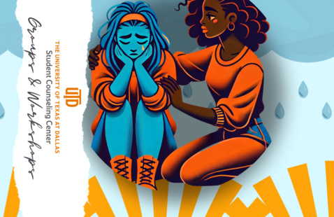 one woman comforting another woman who has blue skin and looks sad, rain clouds are above, rays of sun are below