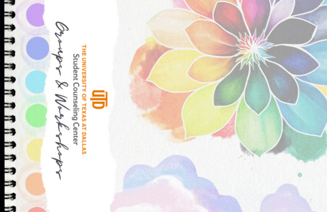 image of a sketch book featuring a soft watercolor rainbow flower, pastel paint swatches along the side, and cloudy watercolor textures