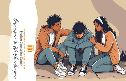 illustration of two students comforting a distressed peer seated between them. The scene uses warm neutral tones and conveys emotional support, connection, and care
