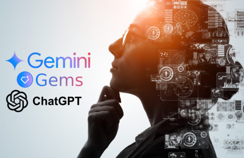 a woman with glasses with her hand on her chin in a thinking pose looking up. Background decorative images of AI-related graphics and Google Gemini and ChatGPT icons