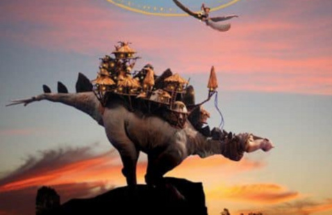 A large stegosaur looks out from a cliff. A series of huts has been built and scaffolded on it's back
