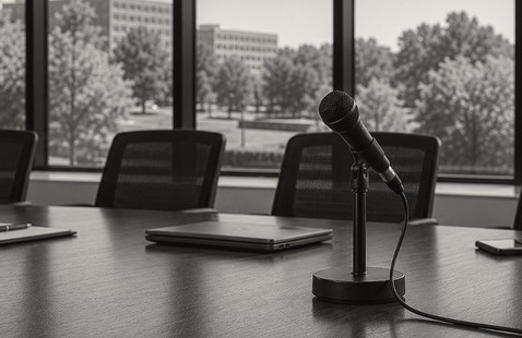 A microphone sitting on a board room table, 2 empty chairs on the backside of the table. Photo is in black and white.
