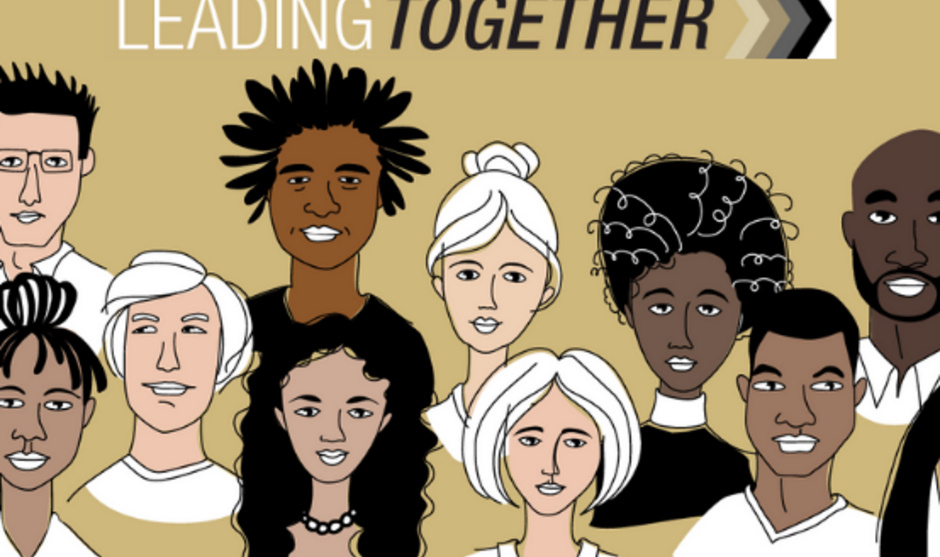 Drawings of people under the words Leading Together