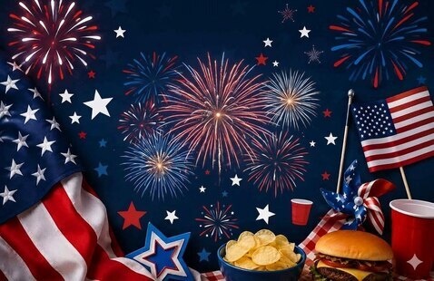Patriotic graphic with fireworks, American flags, a hamburger, chips, and the words “Pre-4th of July Bash” on a red, white, and blue holiday-themed background