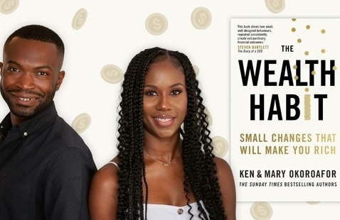 The Wealth Habit book cover on the right, authors on the left