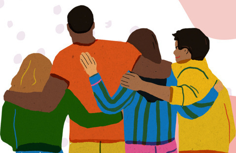 colorful illustration of four friends hugging