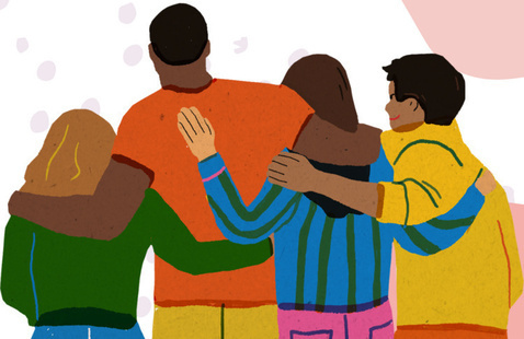 colorful illustration of four friends hugging
