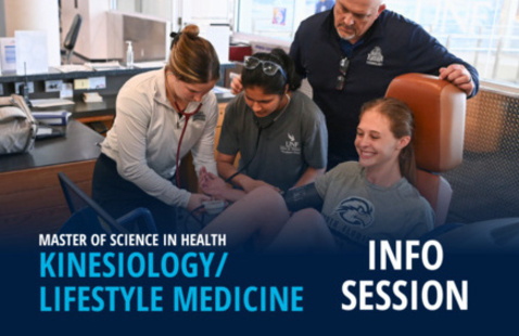 Four people in a medical office with text Master of Science in Health Kinesiology/Lifestyle Medicine Info Session