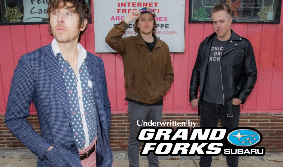 Brett Newski and band with text in foreground: underwritten by Grand Forks Subaru