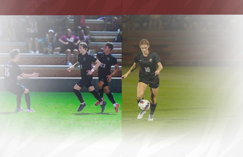 Left is three men's soccer players celebrating. right is women soccer player dribbling the ball