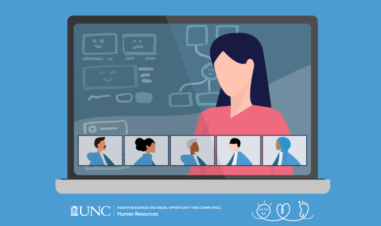 An illustration of a person on a video call connected to other laptops also in the video call.