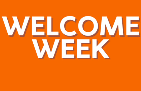 welcome week in white letters on orange background