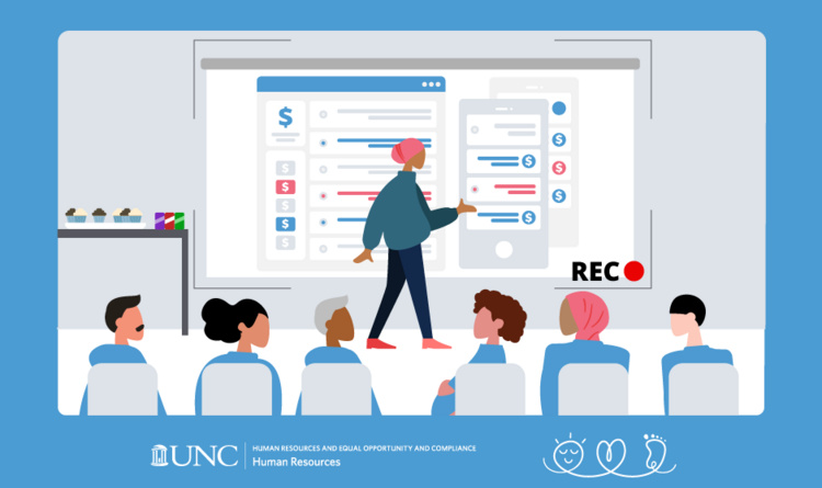 An illustration of a person presenting to a group of people with a video presentation.