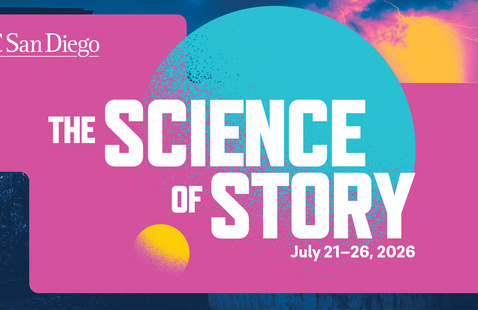 Promotional graphic for The Science of Story, UC San Diego, July 21–26, 2026, featuring bold typography on a bright pink and teal background.