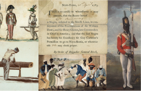 Three drawings of colonial enslaved people along with an official document. One image has an enslaved person in uniform.