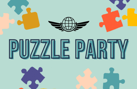 colorful puzzle pieces surrounding the event's title, "Puzzle Party."