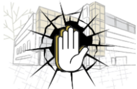 Hand breaking through glass with a building graphic in the background