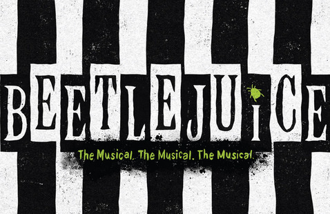 Black and white stripes with lettering spelling Beetlejuice, text below is: the musical the musical the musical