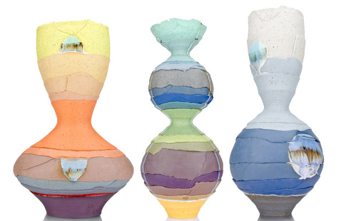  3 Handbuilt colorful vessels made of clay by Justin D'Onofrio