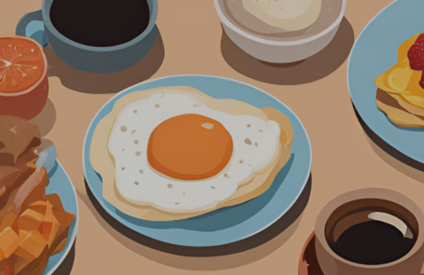 Illustration of table with eggs, coffee and pastries