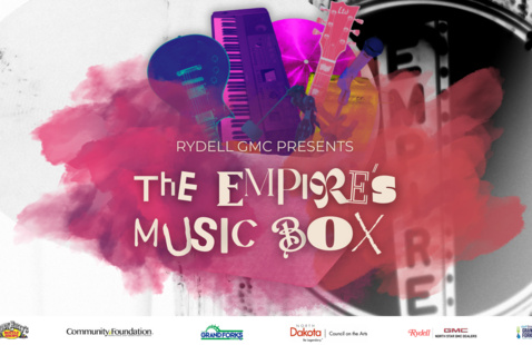 Multicolored instruments and Empire Arts Center marquee in background with stylized text: Rydell GMC Presents The Empire's Music Box