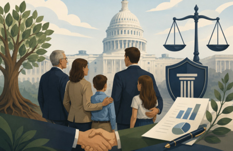 Artistic drawing of a family in front of the US Capitol building, tree to the left, scales to the right and two shaking hands at the bottom. 