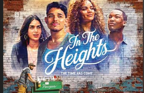 In the Heights poster featuring four adults painted as a mural on a brick wall