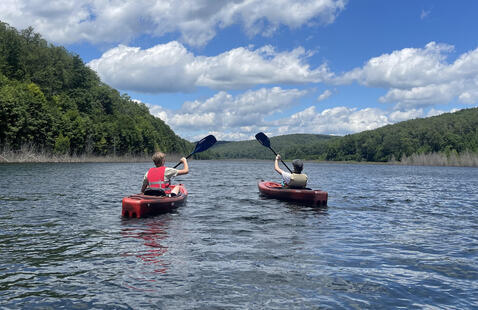 two people in kayaks on East Branch Lake